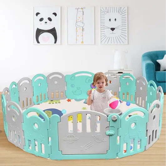 18-Panel Baby Playpen with Music Box & Basketball Hoop-Pink