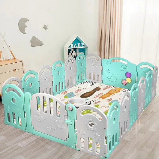 18-Panel Baby Playpen with Music Box & Basketball Hoop-Pink