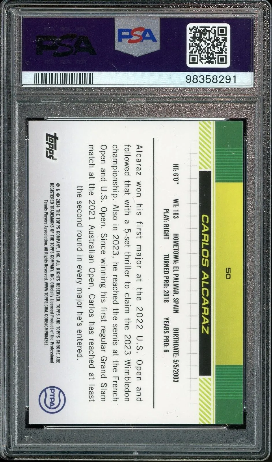 2024 Topps Chrome Sapphire Tennis #50 Carlos Alcaraz RC Rookie PSA 10 GEM MINT