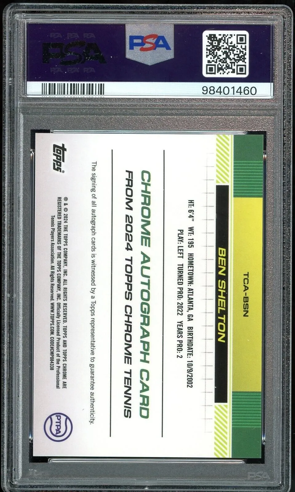 2024 Topps Chrome Sapphire Tennis #BSN Ben Shelton Auto RC PSA 10 GEM MINT