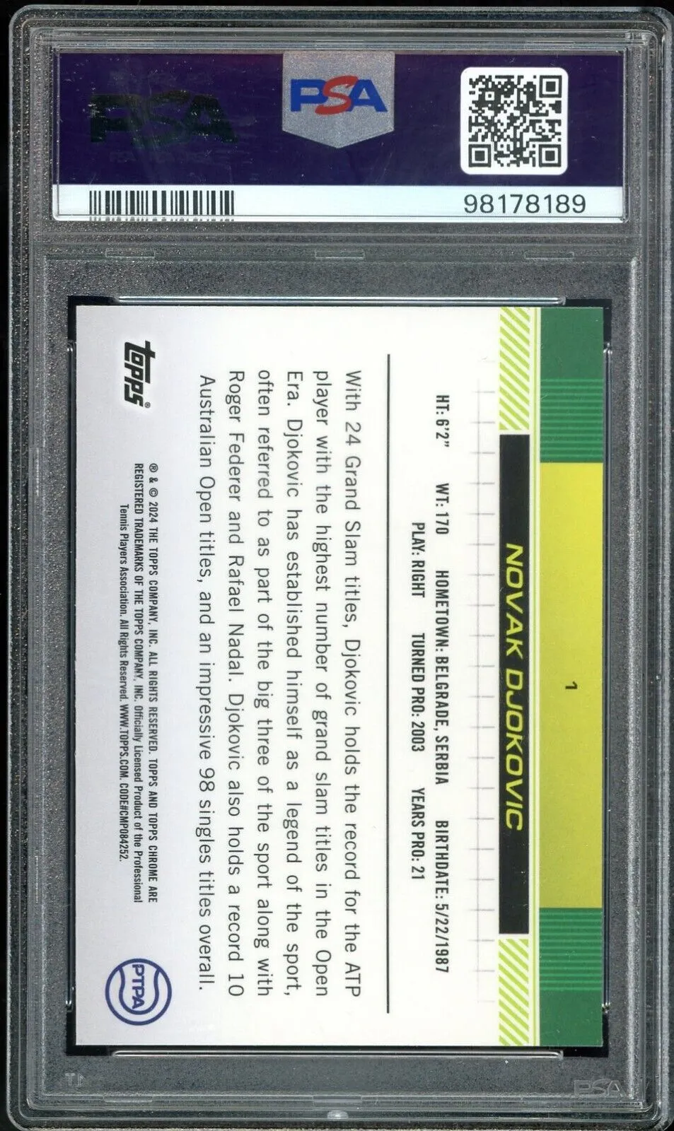 2024 Topps Chrome Sapphire Tennis Gold /50 #1 Novak Djokovic PSA 10 GEM MINT