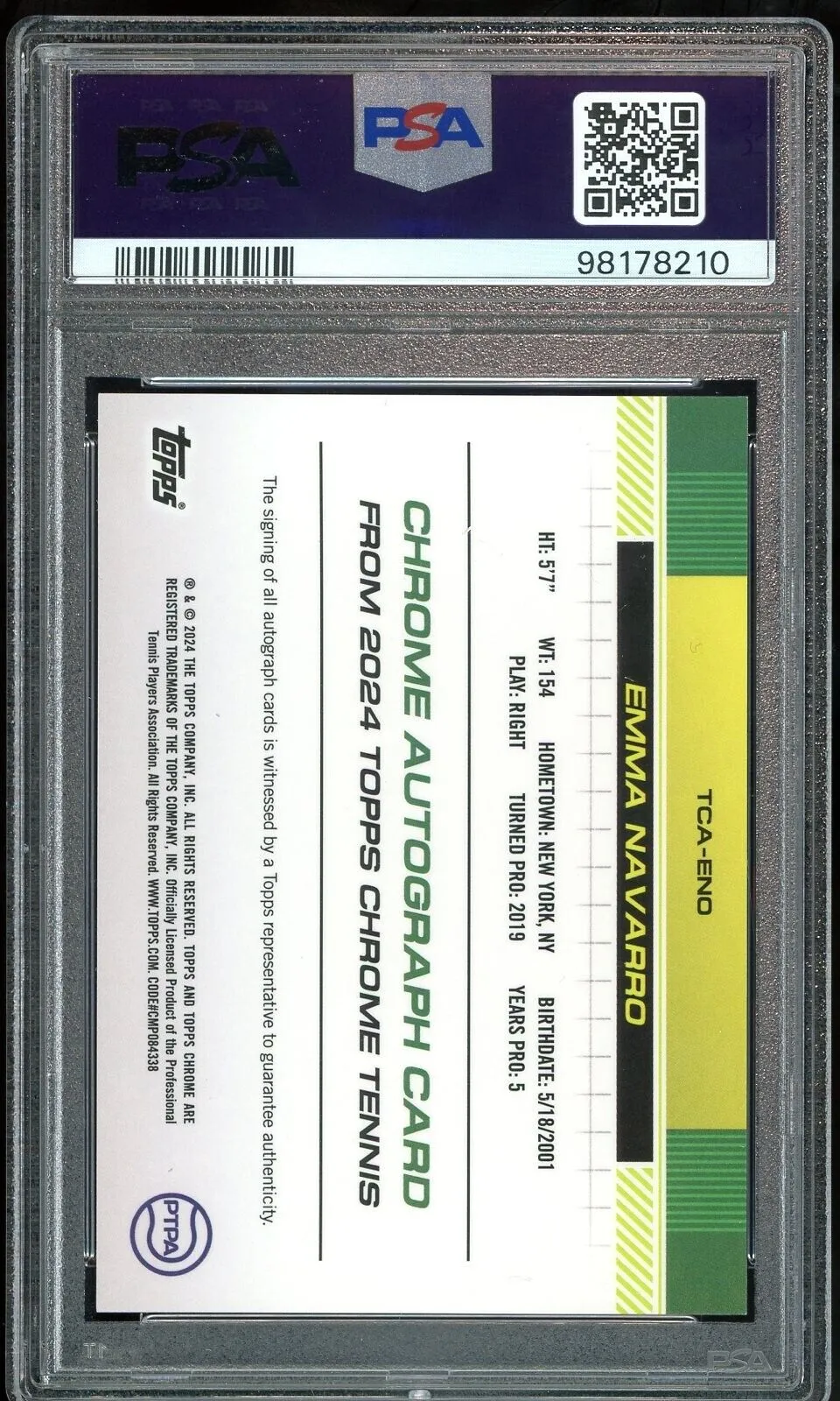 2024 Topps Chrome Sapphire Tennis Orange /25 Emma Navarro Auto PSA 10 GEM MINT