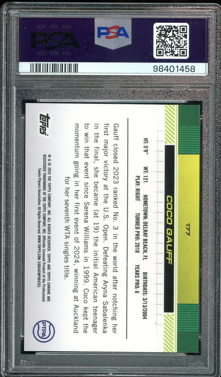 2024 Topps Chrome Sapphire Tennis Purple /10 #177 Coco Gauff PSA 10 GEM MINT