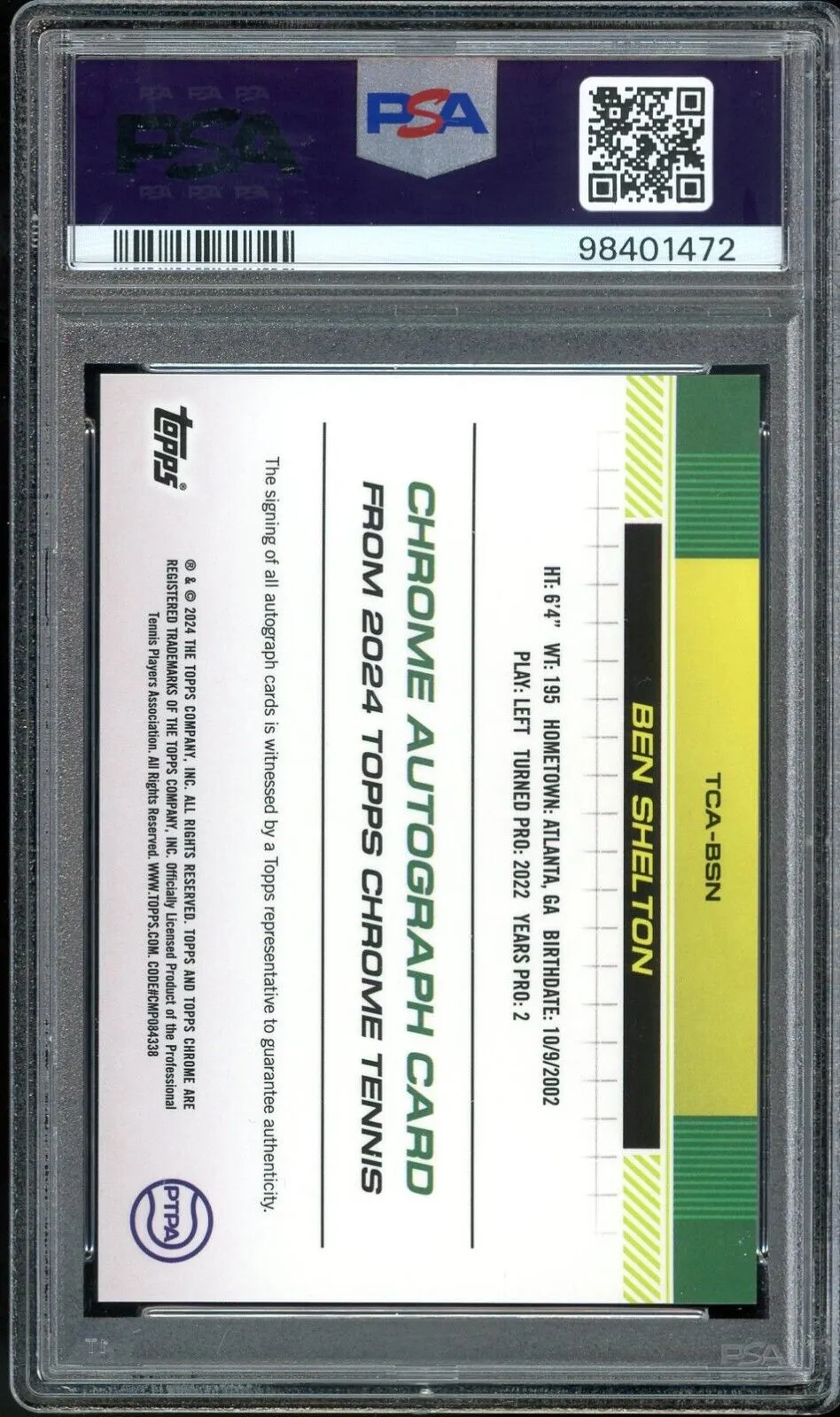 2024 Topps Chrome Sapphire Tennis Purple /10 Ben Shelton Auto RC PSA 10 GEM MINT