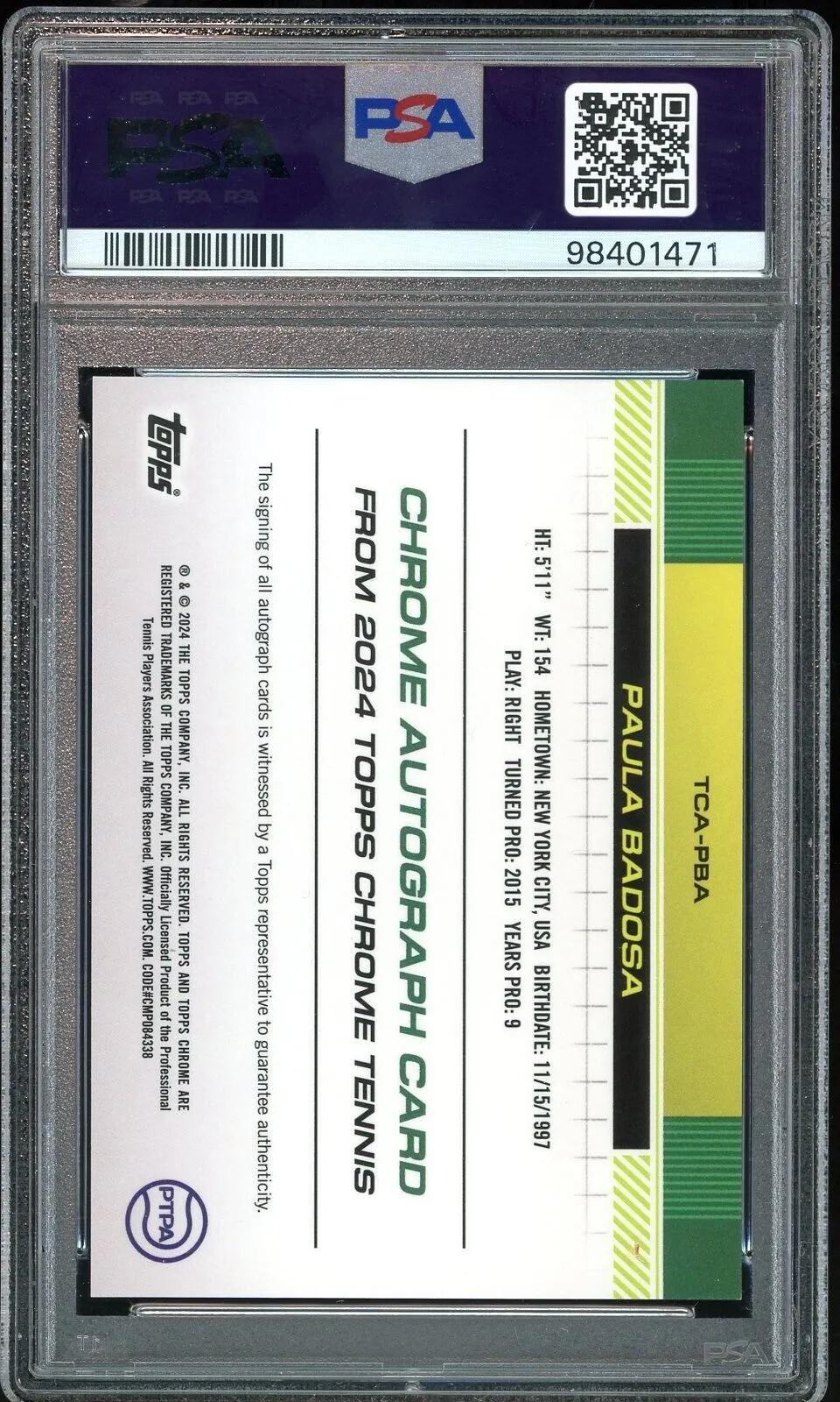 2024 Topps Chrome Sapphire Tennis Purple /10 #PBA Paula Badosa Auto PSA 10 GEM MINT