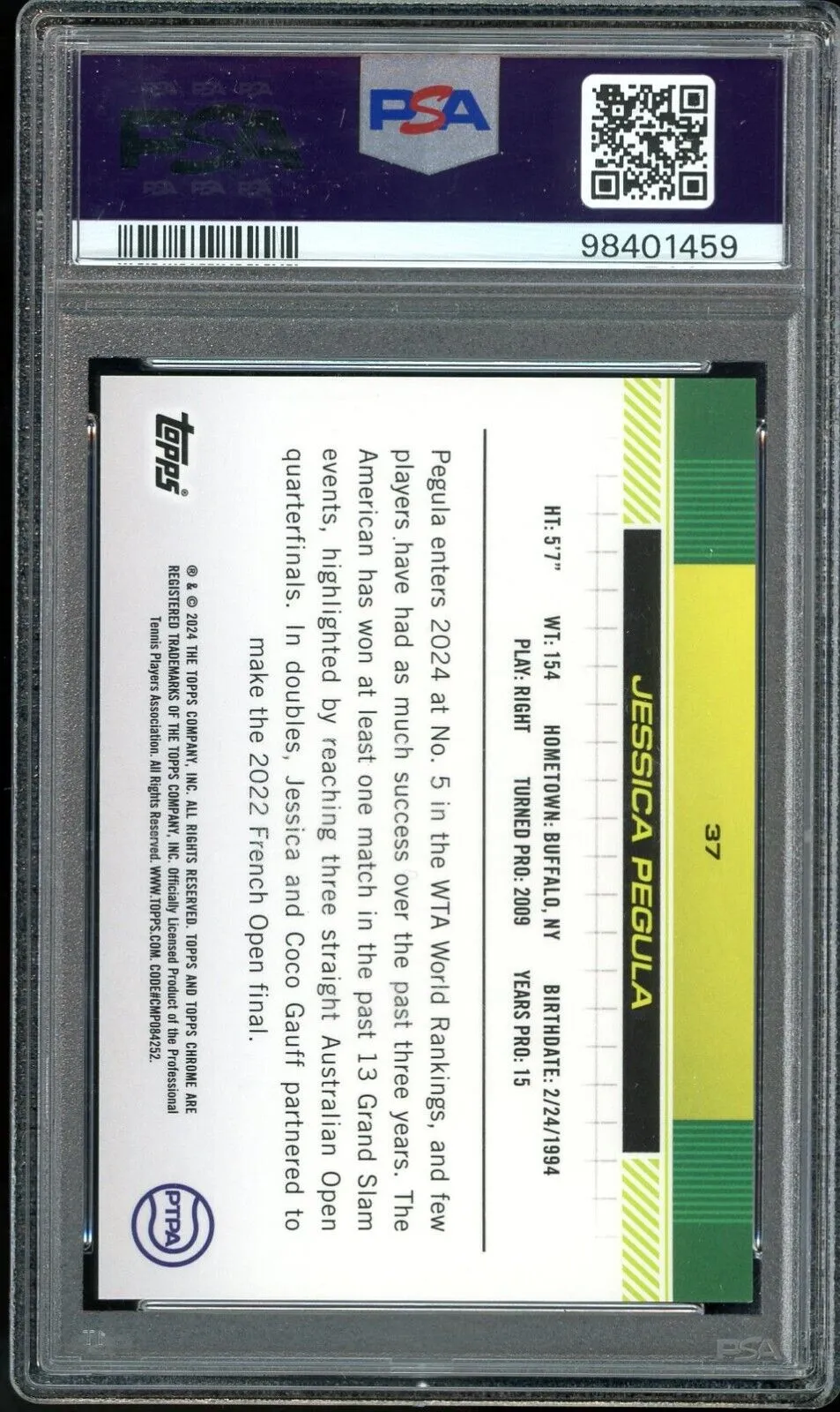 2024 Topps Chrome Sapphire Tennis Red /5 #37 Jessica Pegula RC PSA 10 GEM MINT