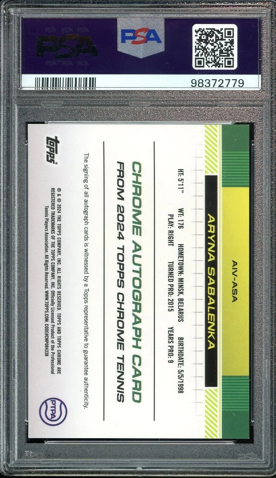 2024 Topps Chrome Tennis Aryna Sabalenka RC Auto Image Variation PSA 10 GEM MINT
