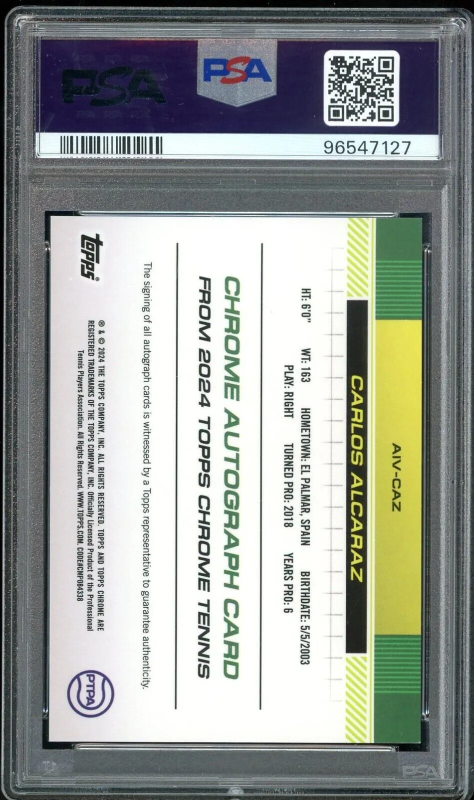 2024 Topps Chrome Tennis Gold /50 Carlos Alcaraz Variation Auto PSA 10/10