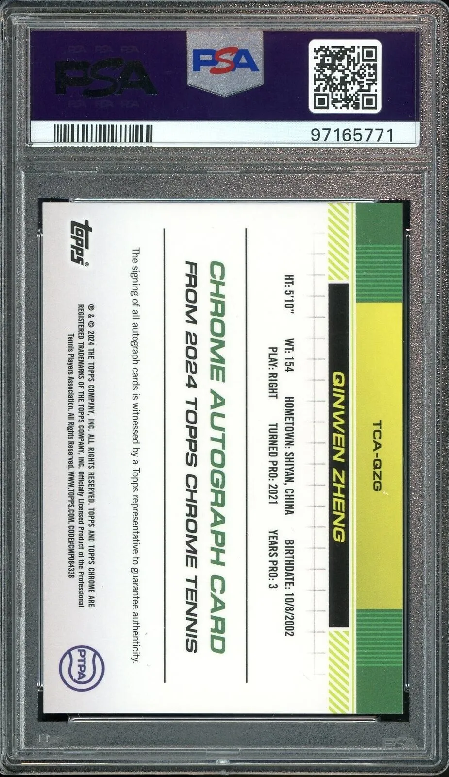 2024 Topps Chrome Tennis #TCAQZG Qinwen Zheng RC Auto PSA 10 GEM MINT