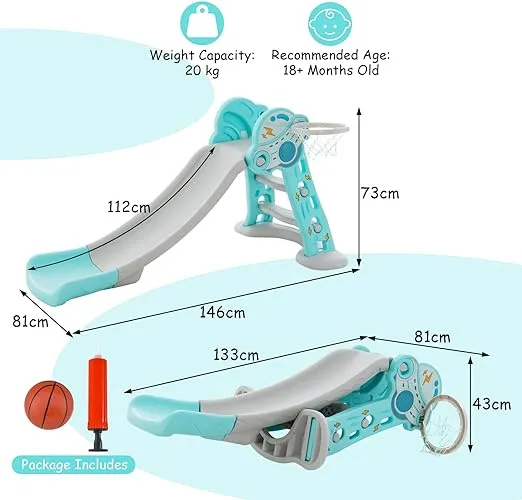 3-in-1 First Folding Slide | Garden Climber Slide Set & Basketball Hoop | Blue | 18m 