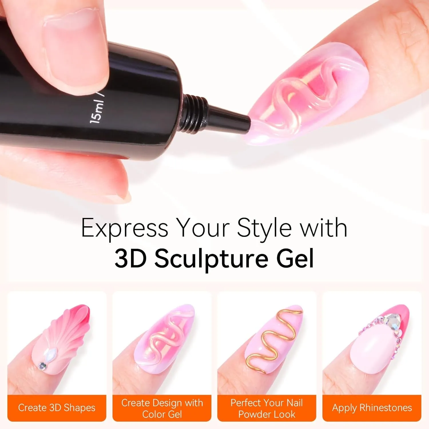 3D Nail Gel - Nail Art Sculpting Gel Nail Glue 15G No Wipe Clear Gel Polish for Nail Designs DIY Nail Art for Drawing, Molding, Sculpture and Decoration