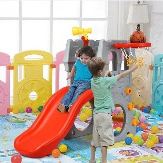 5 in 1 Toddler Climber Slide Playset with Basketball Hoop and Telescope - Color: