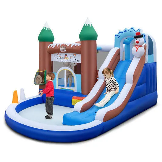 6-in-1 Winter Theme Snowman Inflatable Castle with Slide and Trampoline without