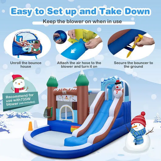 6-in-1 Winter Theme Snowman Inflatable Castle with Slide and Trampoline without