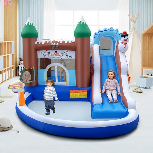 6-in-1 Winter Theme Snowman Inflatable Castle with Slide and Trampoline without