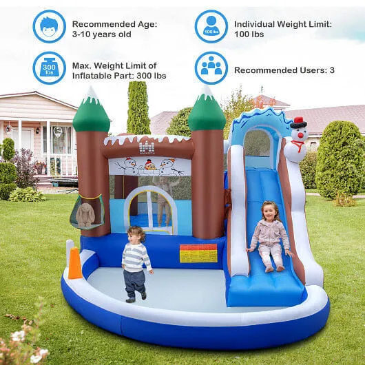 6-in-1 Winter Theme Snowman Inflatable Castle with Slide and Trampoline without