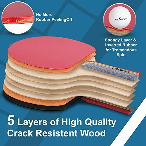 Abco Tech Ping Pong Paddle & Table Tennis Set - Pack of 4 Premium Rackets and 6 Table Tennis Balls - Soft Sponge Rubber - Ideal for Professional and Recreational Games - 2 or 4 Players (3-Star)
