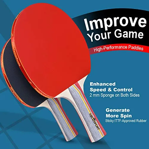 Abco Tech Ping Pong Paddle & Table Tennis Set - Pack of 4 Premium Rackets and 6 Table Tennis Balls - Soft Sponge Rubber - Ideal for Professional and Recreational Games - 2 or 4 Players (3-Star)