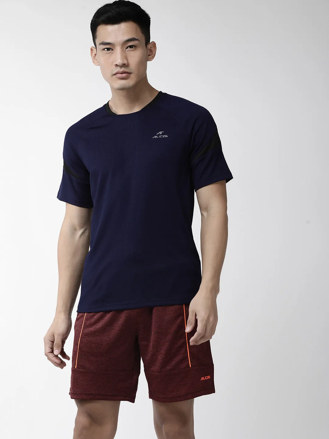 Alcis Men Navy Blue Self Striped Round Neck Outdoor T-shirt