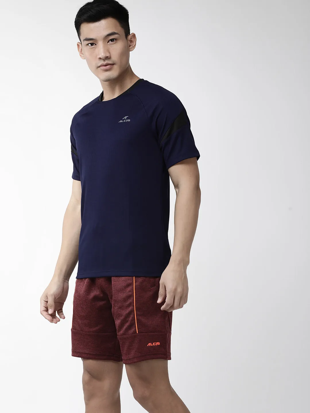 Alcis Men Navy Blue Self Striped Round Neck Outdoor T-shirt