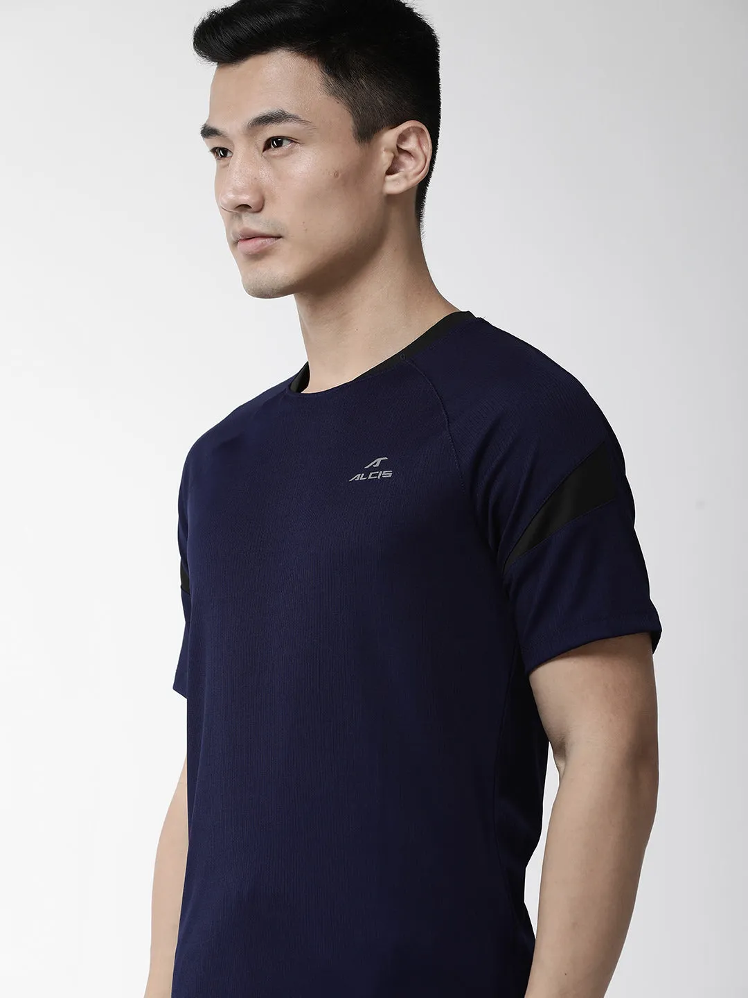 Alcis Men Navy Blue Self Striped Round Neck Outdoor T-shirt