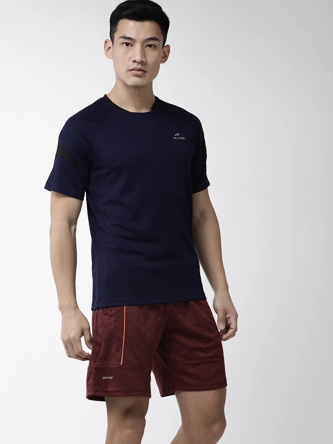 Alcis Men Navy Blue Self Striped Round Neck Outdoor T-shirt