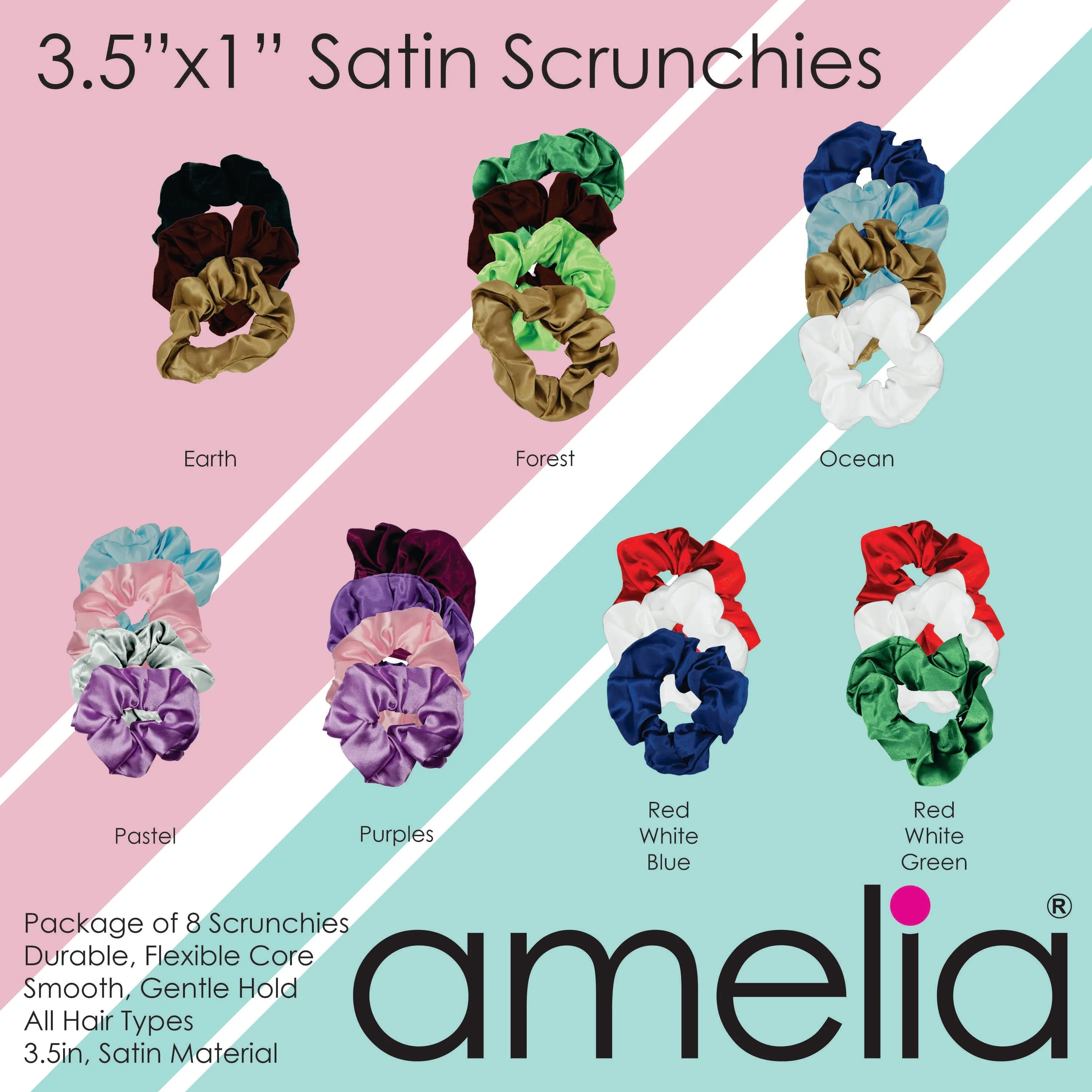 Amelia Beauty Products, Yellow Satin Scrunchies, 3.5in Diameter, Gentle on Hair, Strong Hold, No Snag, No Dents or Creases. 8 Pack