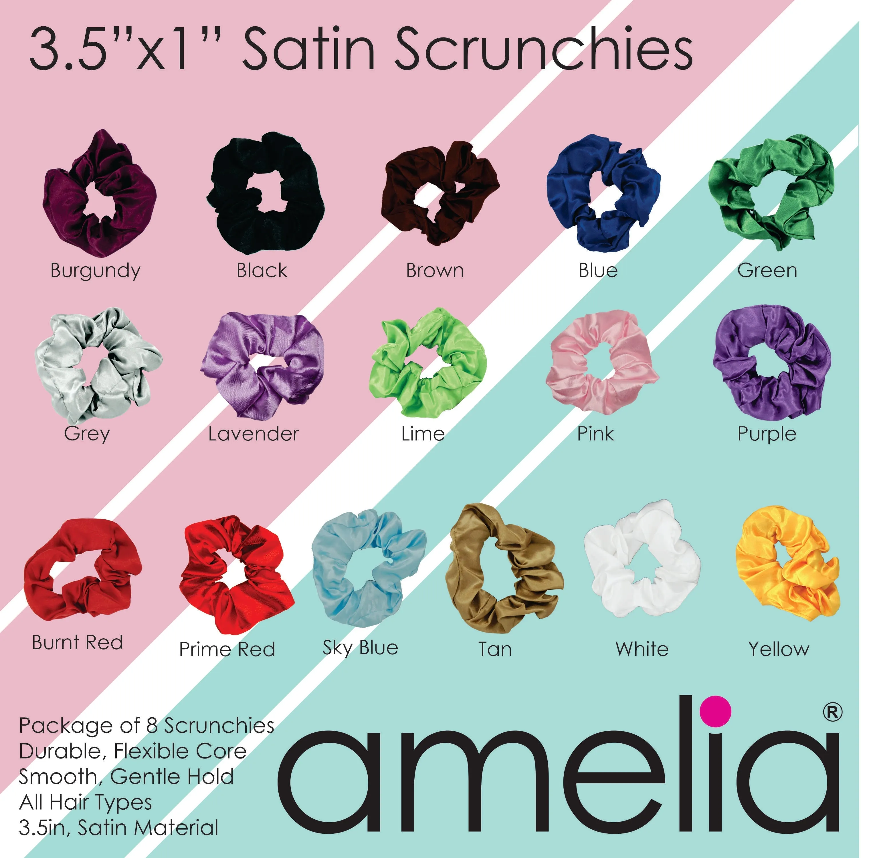 Amelia Beauty Products, Yellow Satin Scrunchies, 3.5in Diameter, Gentle on Hair, Strong Hold, No Snag, No Dents or Creases. 8 Pack