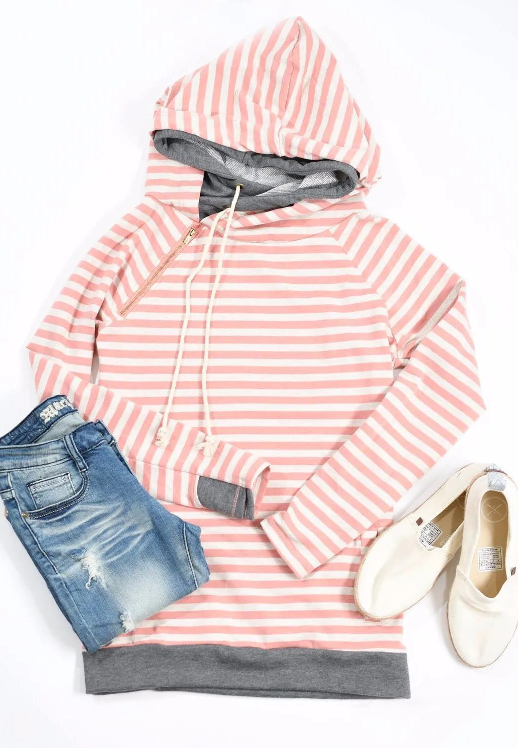 Ampersand Ave. Double Hooded Sweatshirt ~ Striped Salmon