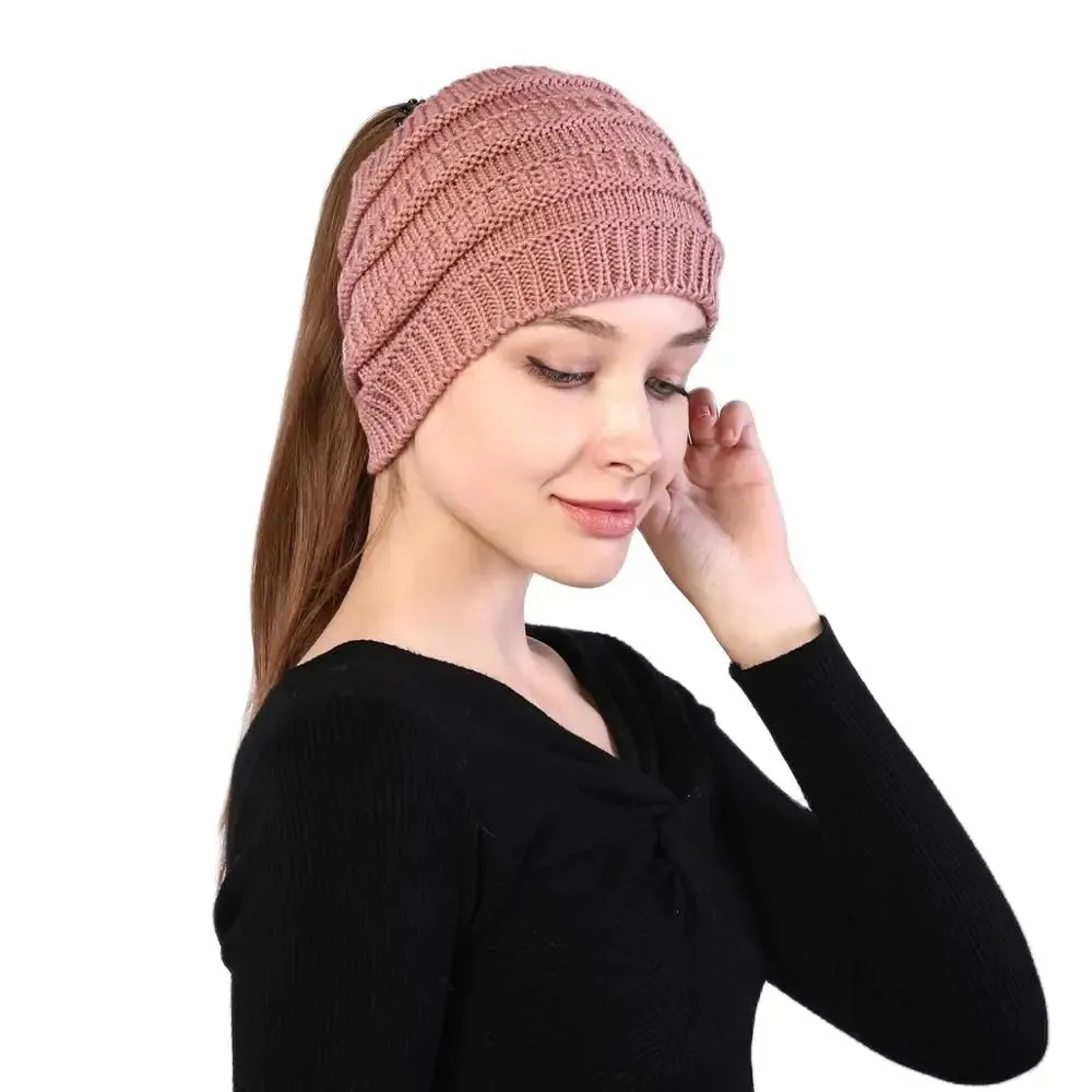 Autumn Winter Ponytail Beanie Hat - Women's Solid Color Knitted Crochet Stretch Hat for Warmer Headwear