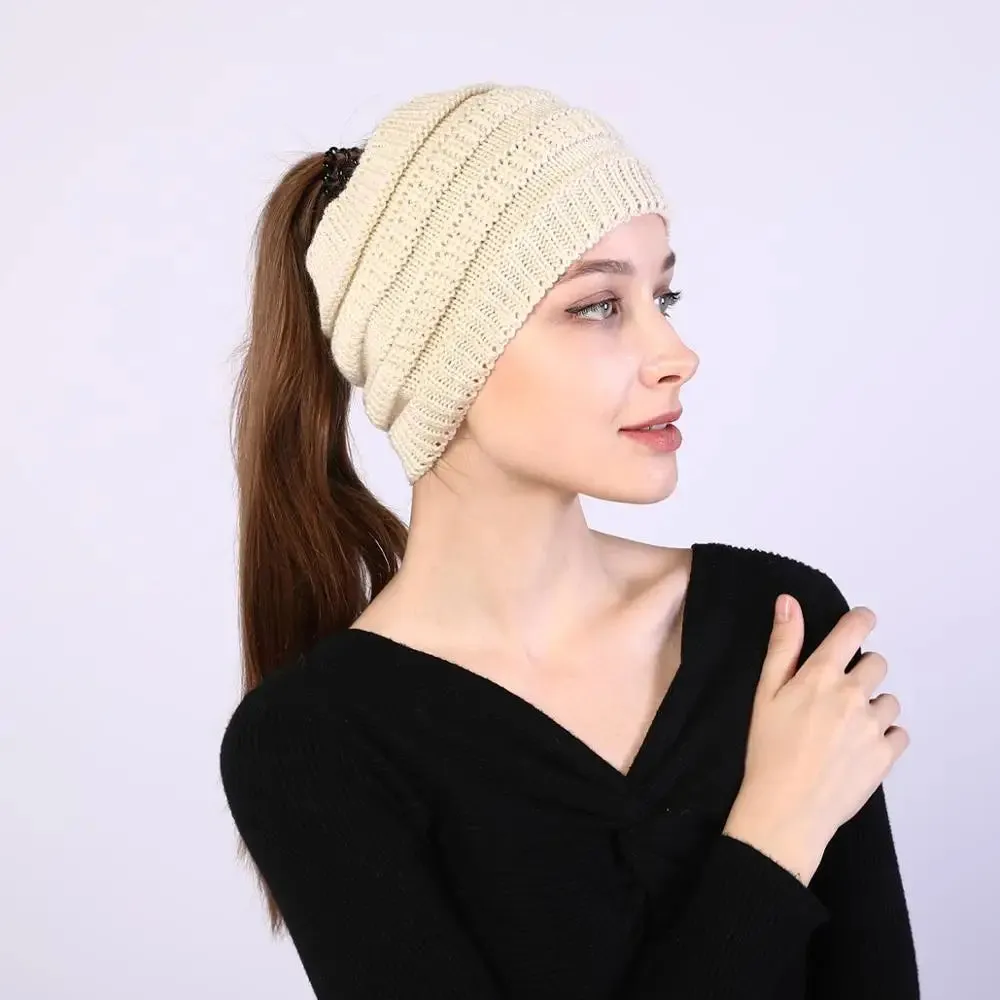 Autumn Winter Ponytail Beanie Hat - Women's Solid Color Knitted Crochet Stretch Hat for Warmer Headwear