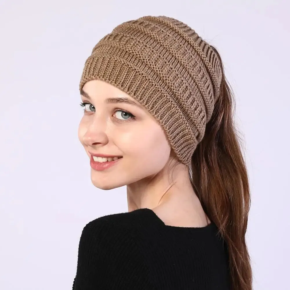 Autumn Winter Ponytail Beanie Hat - Women's Solid Color Knitted Crochet Stretch Hat for Warmer Headwear