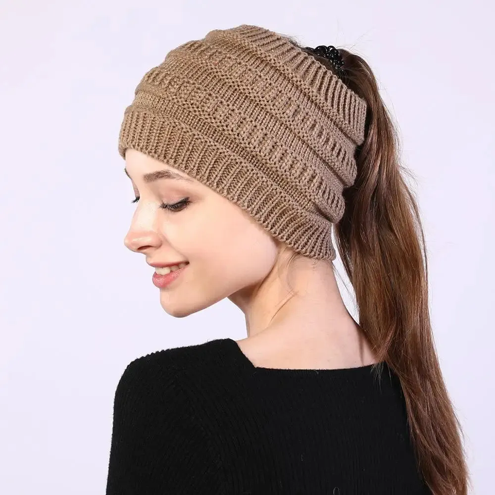 Autumn Winter Ponytail Beanie Hat - Women's Solid Color Knitted Crochet Stretch Hat for Warmer Headwear