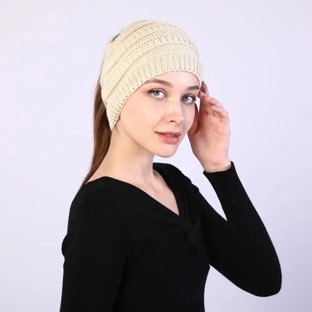 Autumn Winter Ponytail Beanie Hat - Women's Solid Color Knitted Crochet Stretch Hat for Warmer Headwear
