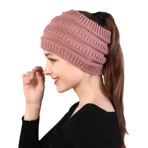 Autumn Winter Ponytail Beanie Hat - Women's Solid Color Knitted Crochet Stretch Hat for Warmer Headwear