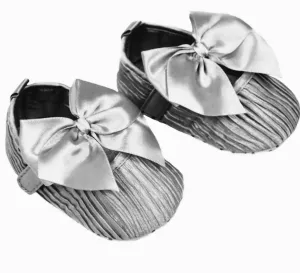 Baby Girls Soft Sole Silver Bow Crib Shoes