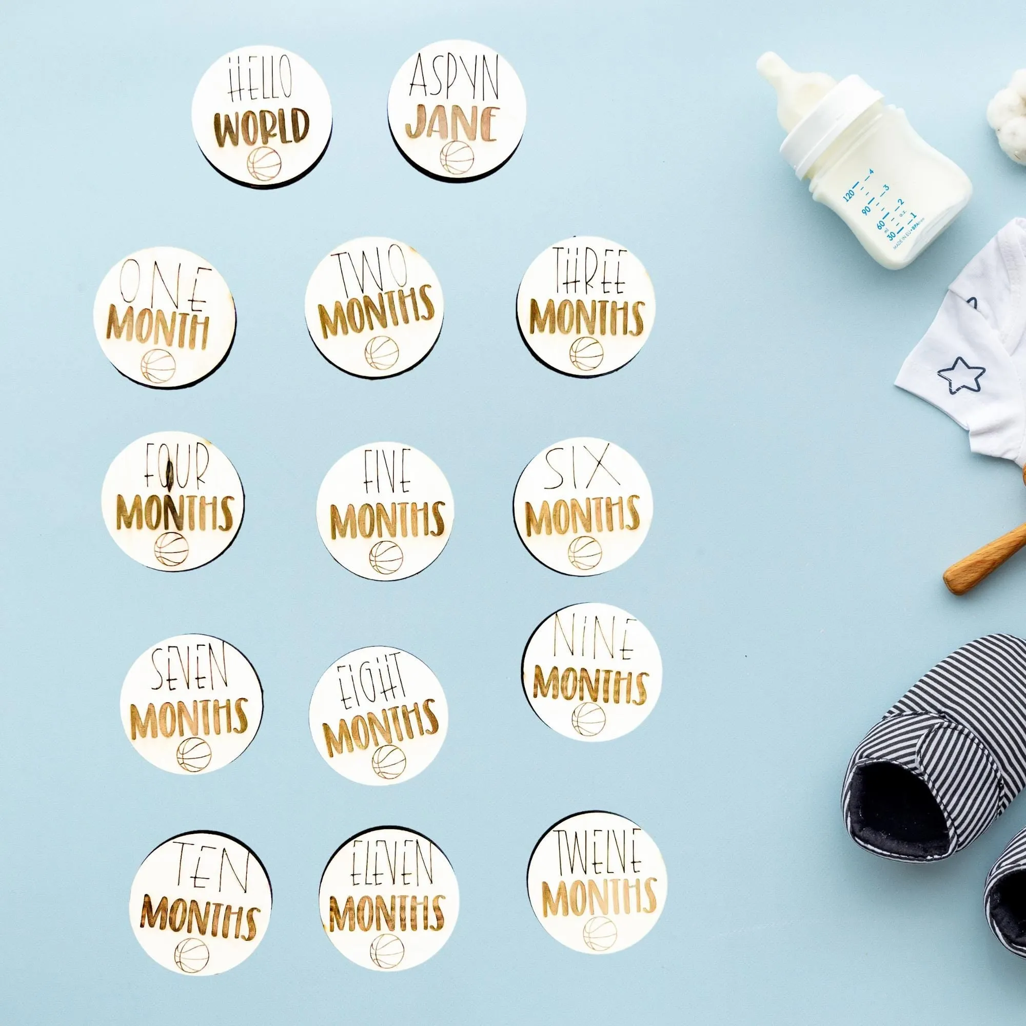 Basketball Wooden Monthly Milestone Cards, Sports Baby Milestone Cards, 3x3 inches Baby Shower Gift for Boys