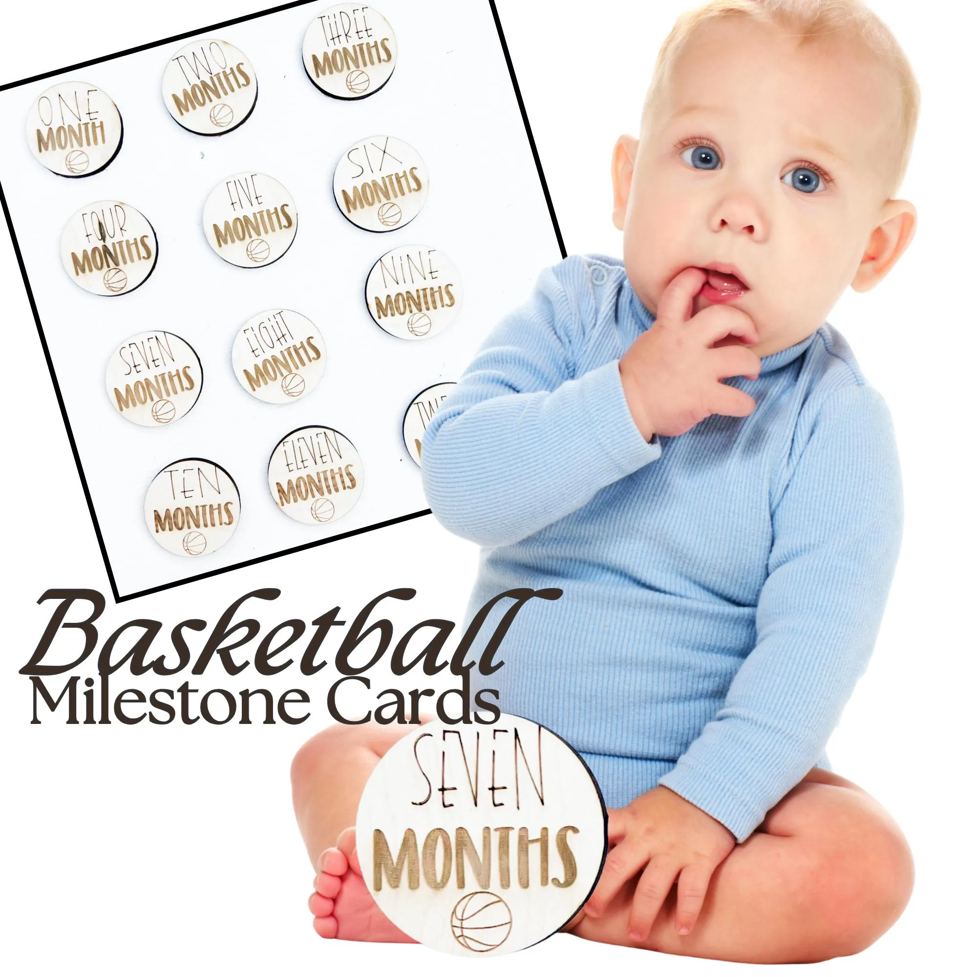 Basketball Wooden Monthly Milestone Cards, Sports Baby Milestone Cards, 3x3 inches Baby Shower Gift for Boys