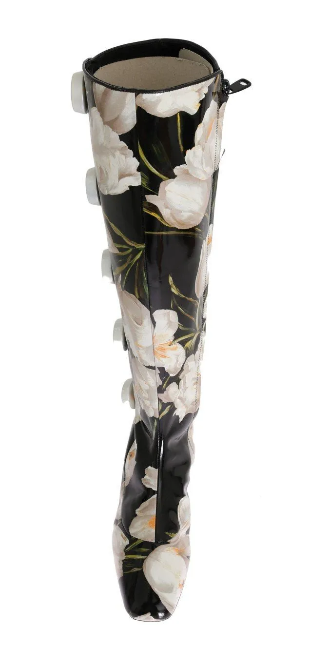 Black Leather White Tulip Print Boots