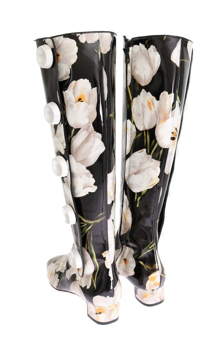Black Leather White Tulip Print Boots