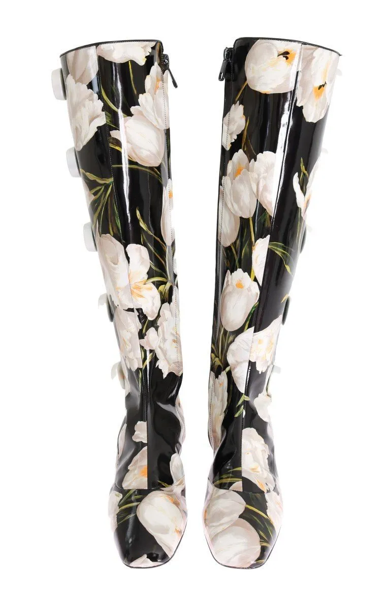 Black Leather White Tulip Print Boots