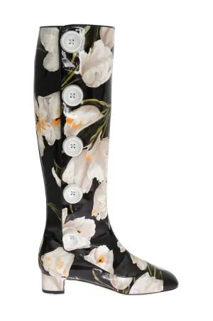 Black Leather White Tulip Print Boots