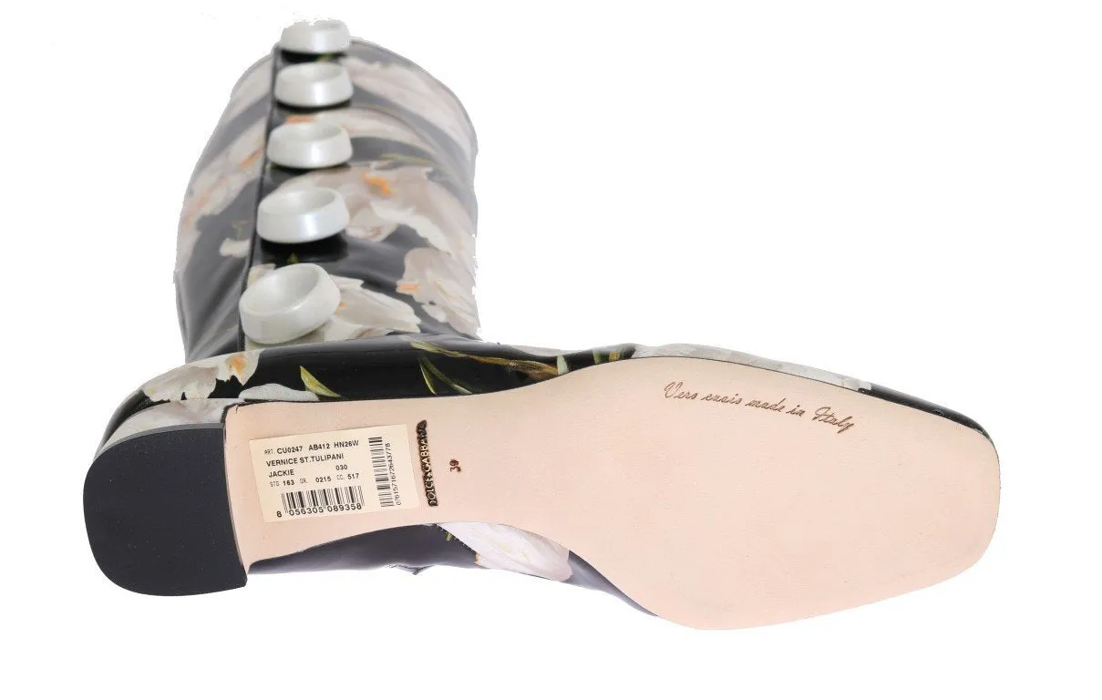 Black Leather White Tulip Print Boots