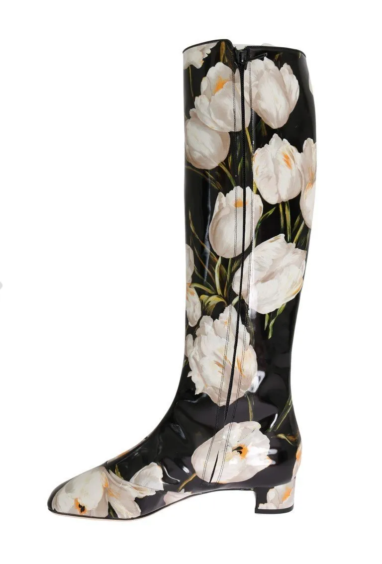 Black Leather White Tulip Print Boots