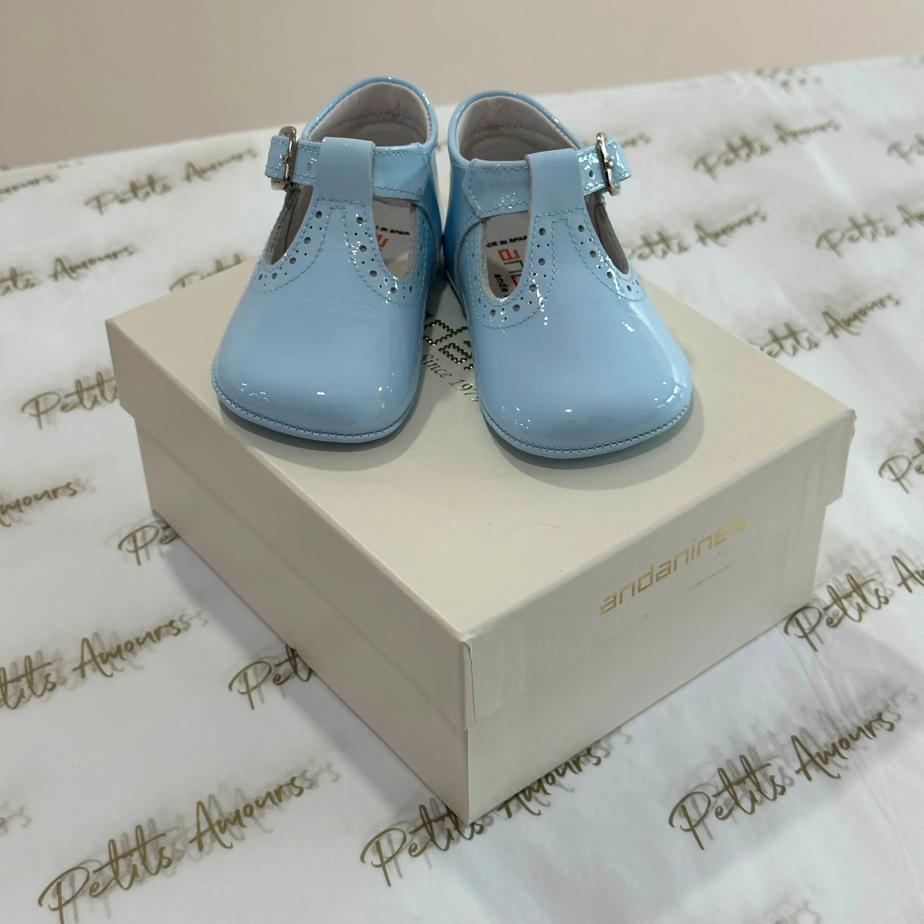 Blue Patent T-Bar Pram Shoes