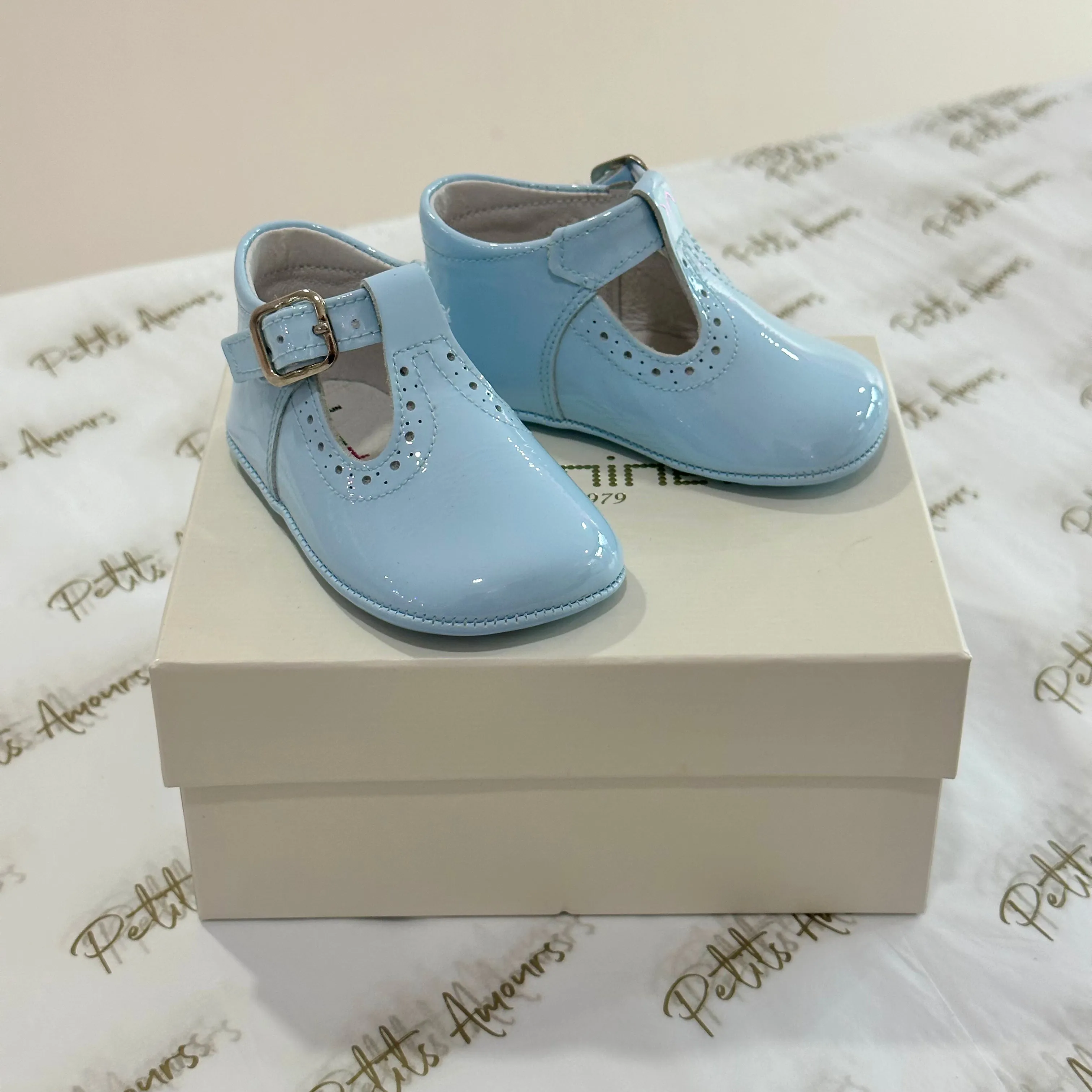 Blue Patent T-Bar Pram Shoes
