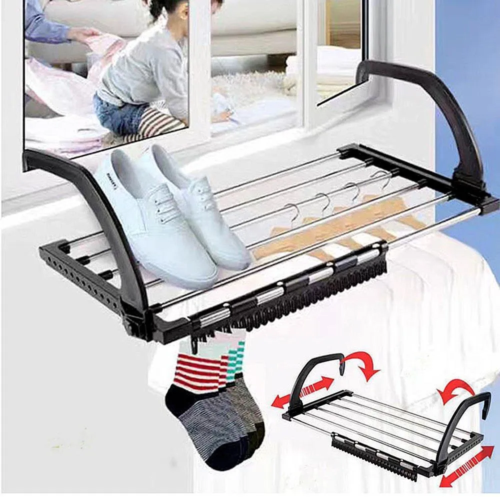Candumy Folding Laundry Towel Drying Rack Balcony Windowsill Fence Guardrail Corridor,Stainless Steel Retractable Clothes Hanging Racks with Clips for Drying Socks（Set of 2）