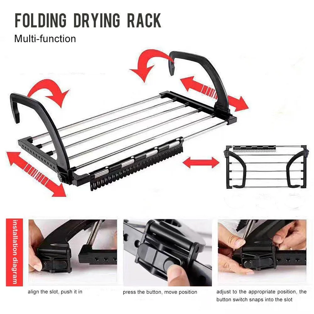 Candumy Folding Laundry Towel Drying Rack Balcony Windowsill Fence Guardrail Corridor,Stainless Steel Retractable Clothes Hanging Racks with Clips for Drying Socks（Set of 2）
