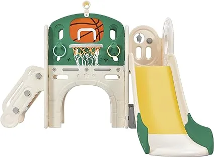 Children’s 7-in-1 Montessori Slide Set | Basketball Hoop | Castle Look out with Telescope | Climber | Ring Toss