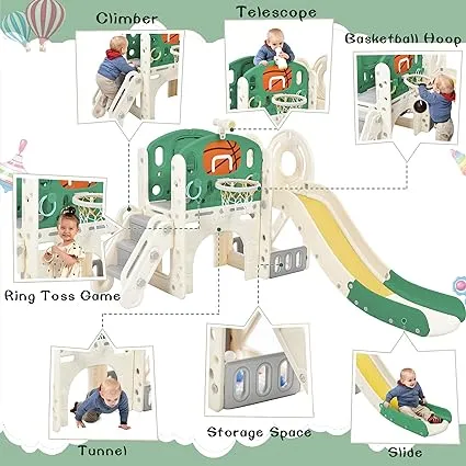 Children’s 7-in-1 Montessori Slide Set | Basketball Hoop | Castle Look out with Telescope | Climber | Ring Toss